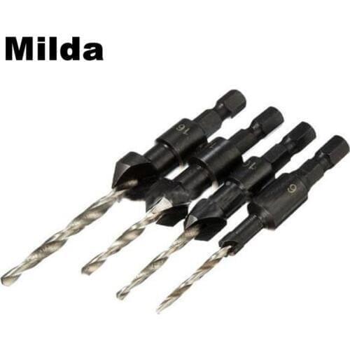 Milda 4PCS/SET HSS Drill Bits Set Quick Change Hex Shank Countersink Drill Bit For Woodworking Tool #6 #10 #13 #16