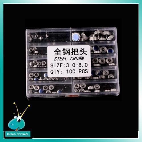 Wholesale 100pcs/Box Black Steel Crown Repalcement Parts Assort Size 3mm~8mm Steel Crown Repair Parts for watchmakers