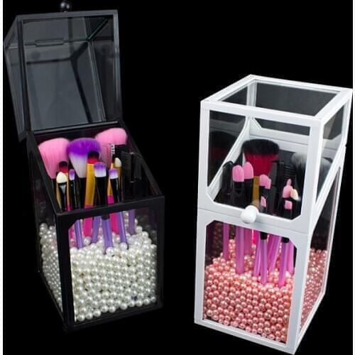 New Arrival Fashion Black/White Makeup Brush Organizer Clear ABS Glass Cosmetic Brush Storage Box With Lid Make Up Case Cover