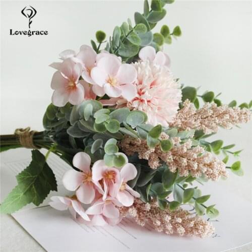 Artificial Silk Pompon Luckyball Flowers Bouquet Green Eucylaptus Silk Flores Wedding Bouquet Home Party DIY Decor Fake Flowers