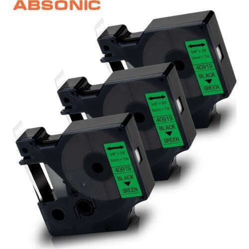 Absonic 3PK 40919 for Dymo D1 Label Tape Cartridge Black on Green Printer Ribbon for Manager 160 210D 280 360D 420P Label Maker