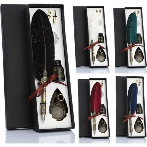 Retro Calligraphy Feather Dip Pen with 2 Nib Set Quill Fountain Writing Creative Vintage Stationery Gift Box