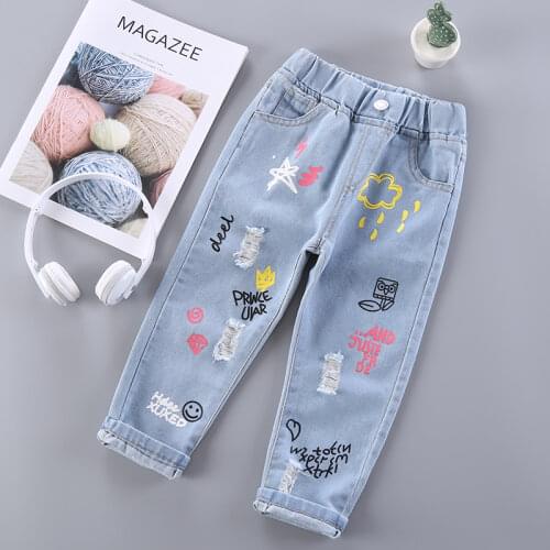 Girls Boys ripped Jeans Pants 2019 New Letter Printed Toddler Kids Casual Denim Long Pants Cowboy Children Trousers