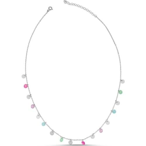 Silver 925 Sterling Frosted Zircon Stone Sequin Dangle Necklace