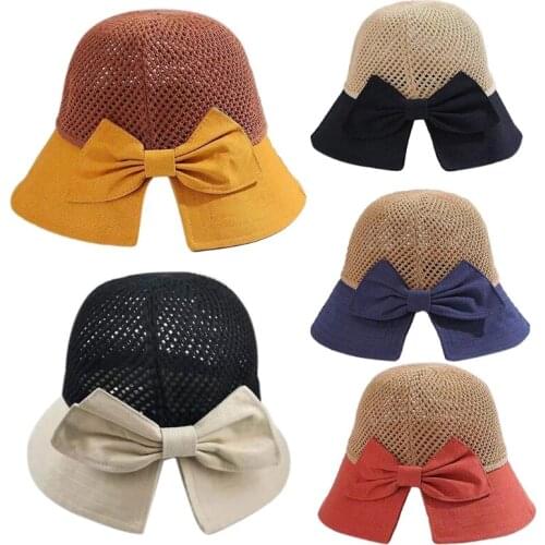 Girls Mesh Knit Cap Hepburn Style Lightweight Exquisite Back Bows Sun Cap Bucket Hat Charming Lady Daily Accessory