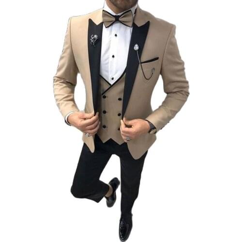 3 Piece Beige Wedding Tuxedo for Groomsmen Slim Fit Classic Men Suits with Double Breasted Waistcoat Male Fashion Jacket Pants