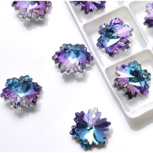 14mm Sew On Double hole bead Snowflake Glass Crystal stone pointback Rhinestone For Sewing Strass Snow boots Button Clothing