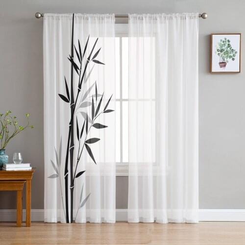 Plant Black White Bamboo Chinese Style Tulle Window Treatment Sheer Curtains for Living Room the Bedroom Curtains Decoration