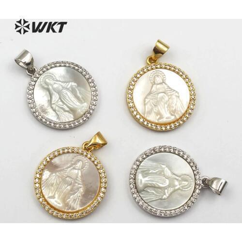 WT-MP113 WKT Classic retro style shiny cubic zirconia around micro-set white shell metal pendant religious round Jesus pendant