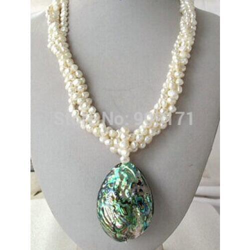 4ROW White Nugget Baroque Pearl Necklace Abalone Pendant fine jewelry fine 18"
