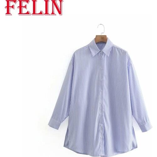 FELIN New Women Fall Long Shirts Za Vertical Stripes Chic Loose Light Blue Long Sleeve Mujer Tops 2021 Fashion Buttoned Blouses