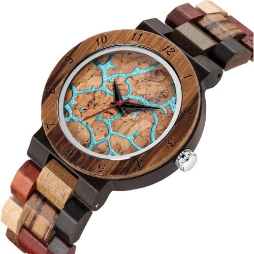 Full Wood Women Bracelet Watch Blue Lava Dial Mixed Color Wooden Watch Band Trend Lady Quartz Wristwatch Female Timepiece