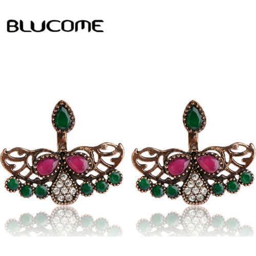 Blucome Clearance Specials Vintage Turkish Stud Earrings Hollow Out Wing Resin Jewelry Crystal Women Party Daily Ear Accessories