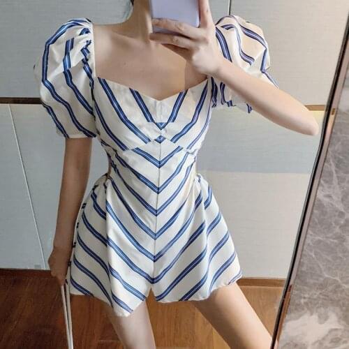 2021 Korea Vintage Sleeveless Jumpsuits Summer Short Sleeve Wide Leg Pants Elegant Lady Casual Short Rompers