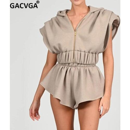 GACVGA 2021 Hooded Crop Top And Shorts Sets Women Biker Sport Jogger Two Piece Matching Set Outfit Casual Fitness Tracksuit Suit