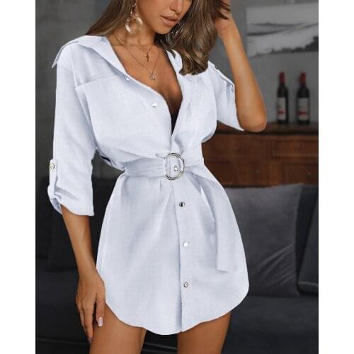 Cotton Linen Shirt Dress Women Boho Waist Belt V Neck Half Sleeve Sundress Streetwear A Line Vestidos