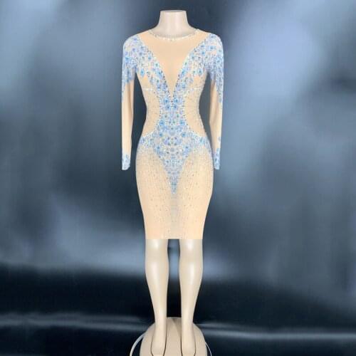 Womens Rhinestone Dress Female Singer Costume Nightclub Ladies Party Celebrity Host Entertainer DJ Stretch Perspective Dress