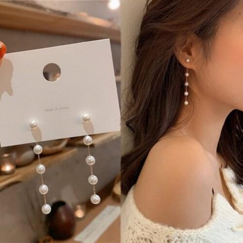 2021 Fashion Pearl Long Tassel Earrings White Round Pendant Dangle Drop Earrings For Women Korean Hoop Jewelry boucle d'oreille