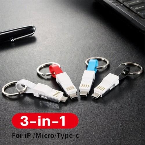 3 in 1 Micro Type C Mini USB Cable Portable MultiFunction Keychain Fast Charging Wire For iPhone 12 Pro Max Xiaomi 11 Samsung