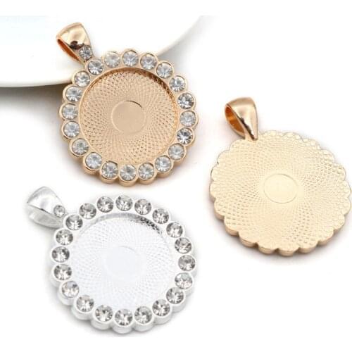5pcs 20mm Inner Size Bright Silver Plated KC Gold Transparent Rhinestone Style Cameo Cabochon Base Setting Pendant