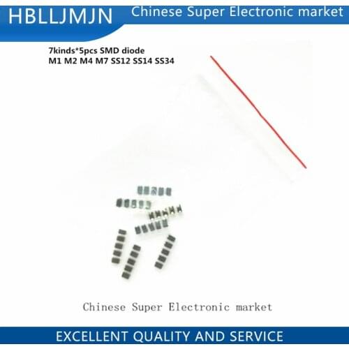 7 kinds*5pcs=35pcs/lot SMD diode package / M1 (1N4001) / M2 (1N4002) /M4(1N4004)/ M7 (1N4007)/ SS12 SS14 SS34