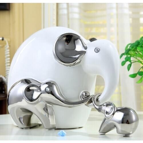 WHITE SILVER CERAMIC FAMILY ELEPHANT STATUE HOME DECOR CRAFTS ROOM DECORATION ELEPHANT LOVES ORNAMENT PORCELAIN ANIMAL FIGURINES