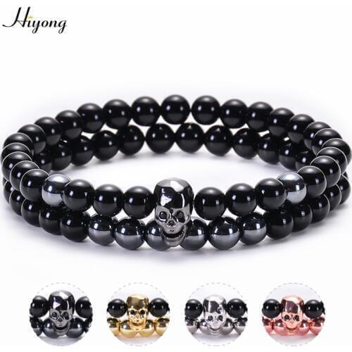 HIYONG 2pcs/Set Charm Men Skeleton Skull Bracelet Black Agates Hematite Natural Stone Beads Bracelets For Men Jewelry Pulseras