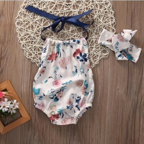 2 PIECES Floral Newborn Toddler Baby Girl Cotton Romper Headband Clothes Outfit Set