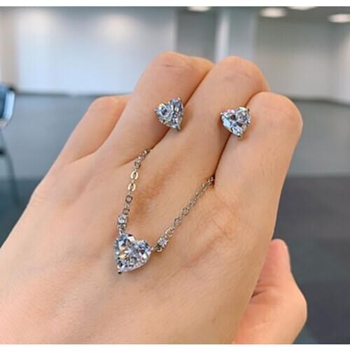 Classical 925 Sterling Silver 8*8mm Heart-Shaped Created Moissanite Lab Diamond Ring/Necklace/Earrings Wedding Engagement Set