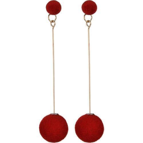 Fashion Red, Black Plush Ball Hanging Earrings Female Korean Personality Round Long Earrings Own Gift Jewelry Statement Earrings