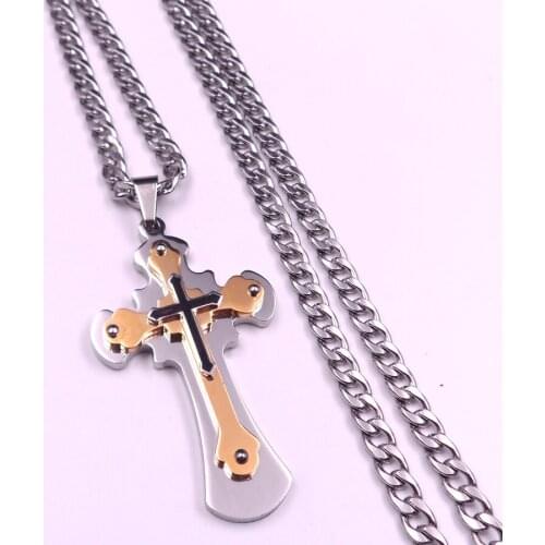 20''-32'' 5mm chain MENS Fashion Stainless Steel Curb Link Chain Necklace Gold Cross Pendant large