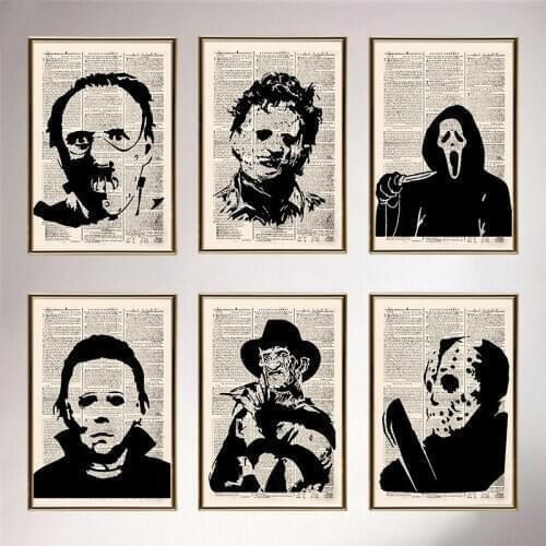 Old Newspaper Style Wall Art Canvas Painting Scream Horror Movies Posters Picture Prints For Halloween Pumpkin Home Wall Decor
