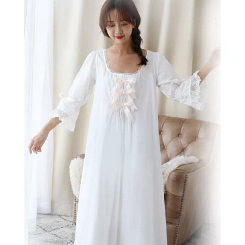 Pure Cotton Bow Seven-sleeve Princess Sleeping Dress Big Size Loose Night Gown Round Neck Woman Night Sleepwear Sexy Nightwear