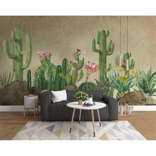 Custom Self Adhesive wallpaper hand-painted desert plant cactus living room TV background wall 3d papel de parede Waterproof