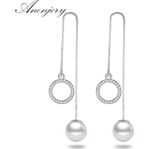 ANENJERY 925 Sterling Silver Pearl Earrings Crystal Star Square Circle Heart Pendant Long Tassel Earrings S-E231