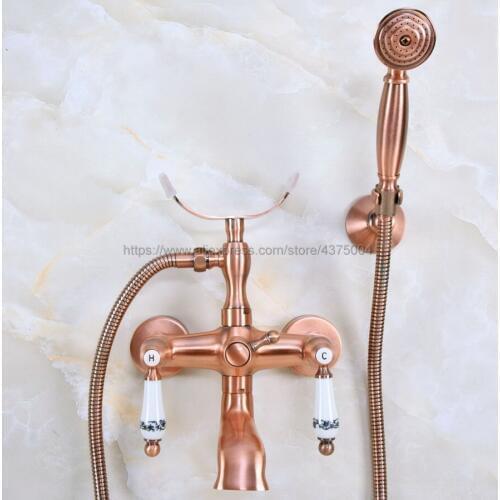 Bathtub Faucets Antique Red Copper Wall Mounted Bathroom Clawfoot Bathtub Faucet & Hand Shower Basin Sink Mixer Tap Nna377