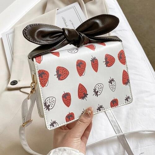 Strawberry Pattern Bow Shoulder Crossbody Bags For Women 2021 New PU Leather Womens Designer Flap Handbag Travel Messenger Bag