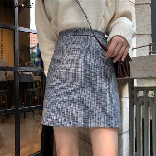 Skirts Women Plaid A-line Woolen Chic Autumn Winter High Waist Fashion Vintage Hip-skirt Harajuku Femme Elegant Mini Faldas New