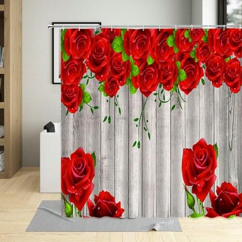 Romantic Red Rose Wall Decoration Pink Flowers Shower Curtains Waterproof Bathroom Curtains Polyester Fabric Screen With Hooks