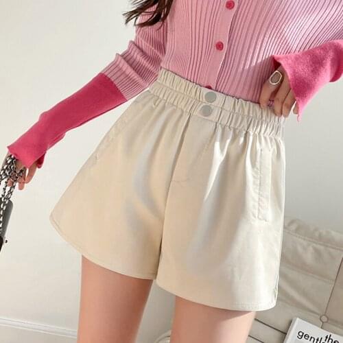 Ailegogo New Autumn Women High Waist Pu Leather Shorts Streetwear Female Elastic Waist Button Black Faux Leather Shorts