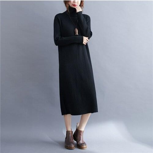 Autumn Winter Women Plus Size Midi Dress Turtleneck Blue Black Apricot Knitted Sweater Dress Elegant Thick Warm Tunic RV113