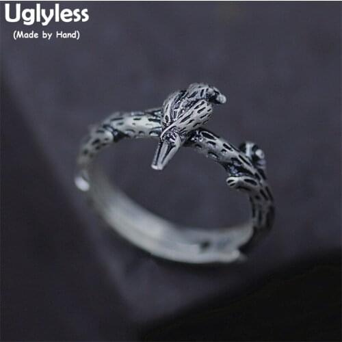 Uglyless Real S 990 Silver Women Fine Jewelry Vintage Thai Silver Ring Handmade Bird Finger Rings Handmade Carved Leaves Bijoux
