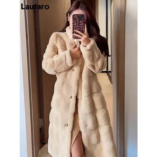Lautaro Winter Log Striped Warm Fluffy Faux Mink Fur Coat Stand Collar Runway Korean Luxury Designer Overcoat Women Fashion 2021