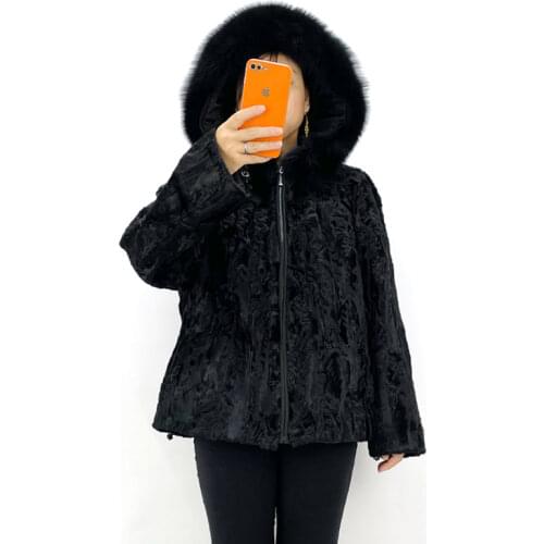Winter Warm Womens Real Karakul Jacket Coat Long Sleeve hooded High Quality Top Fashion Elegant Thick Warm Outerwear