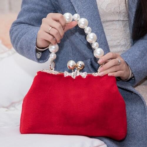 2021 Women Money Velvet Clutch Bags Jade Pearl Bead Chain Wedding Dinner Frame Purses Handbags Luxury Designer Evening Bag
