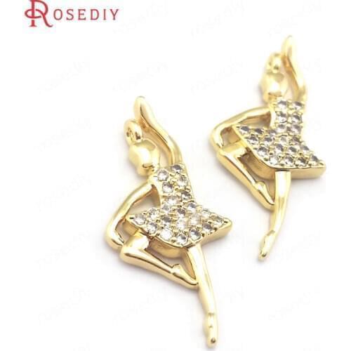 39622)4PCS 10x21.5MM 24K Gold Color Brass and Zircon Ballet Girl Charms Pendants Jewelry Making Findings Accessories