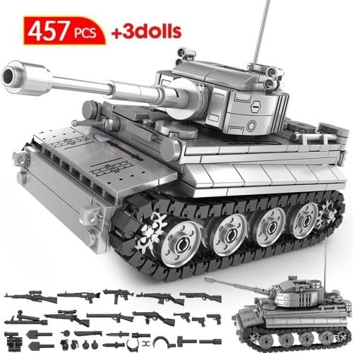 457pcs City Military WW2 Tiger Tank Building Blocks Technical Weapons Army Soldier Figures Tracked Car Bricks Toys For Boys Gift