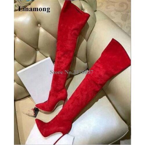 Brand Design Women Sexy Pointed Toe Suede Leather Stiletto Metal Heel Over Knee Boots Bandage Slim Long High Heel Boots