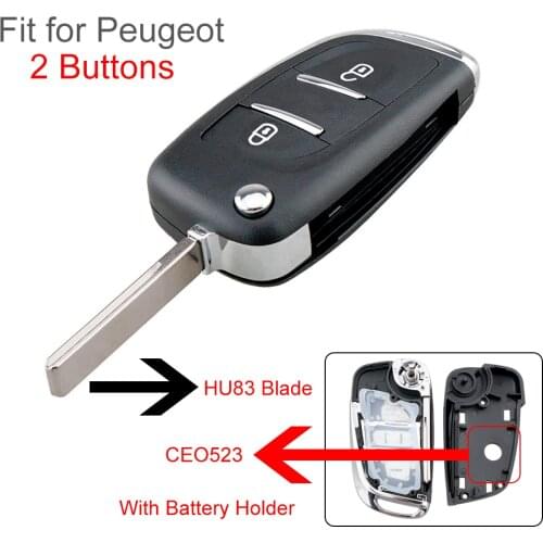 Black Car Key Case Replacement 2 Buttons CE0523 Modified Flip Folding Key Shell with HU83 Blade Fit for Peugeot 306 407 807