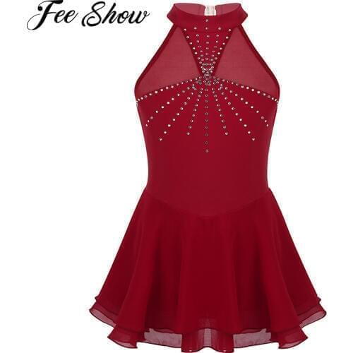 Kids Teens Sparkly Rhinestone Ballet Figure Skating Dress Children Girls Mesh Splice Ballet Leotard Stage Lyrical Dance Costumes